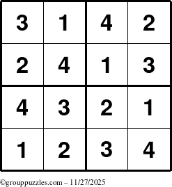 The grouppuzzles.com Answer grid for the Sudoku-4 puzzle for Thursday November 27, 2025