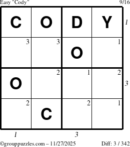The grouppuzzles.com Easy Cody puzzle for Thursday November 27, 2025 with all 3 steps marked