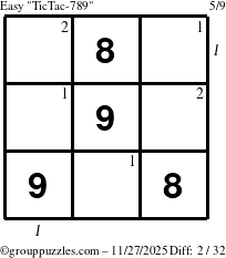 The grouppuzzles.com Easy TicTac-789 puzzle for Thursday November 27, 2025 with all 2 steps marked