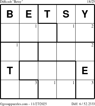 The grouppuzzles.com Difficult Betsy puzzle for Thursday November 27, 2025 with the first 3 steps marked
