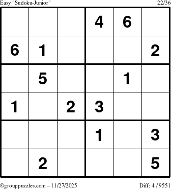 The grouppuzzles.com Easy Sudoku-Junior puzzle for Thursday November 27, 2025