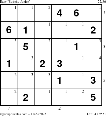 The grouppuzzles.com Easy Sudoku-Junior puzzle for Thursday November 27, 2025 with all 4 steps marked