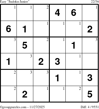 The grouppuzzles.com Easy Sudoku-Junior puzzle for Thursday November 27, 2025 with the first 3 steps marked