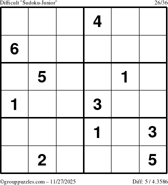 The grouppuzzles.com Difficult Sudoku-Junior puzzle for Thursday November 27, 2025
