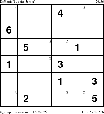 The grouppuzzles.com Difficult Sudoku-Junior puzzle for Thursday November 27, 2025 with the first 3 steps marked
