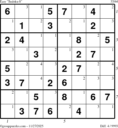 The grouppuzzles.com Easy Sudoku-8 puzzle for Thursday November 27, 2025, suitable for printing, with all 4 steps marked