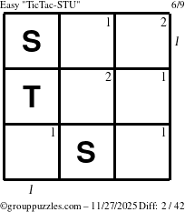 The grouppuzzles.com Easy TicTac-STU puzzle for Thursday November 27, 2025, suitable for printing, with all 2 steps marked