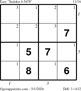 The grouppuzzles.com Easy Sudoku-4-5678 puzzle for Friday May 1, 2026, suitable for printing, with all 3 steps marked