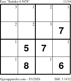 The grouppuzzles.com Easy Sudoku-4-5678 puzzle for Friday May 1, 2026 with the first 3 steps marked
