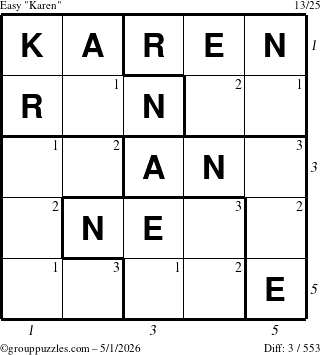 The grouppuzzles.com Easy Karen puzzle for Friday May 1, 2026 with all 3 steps marked