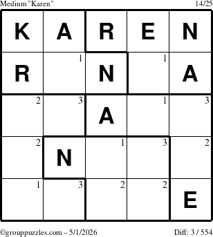 The grouppuzzles.com Medium Karen puzzle for Friday May 1, 2026 with the first 3 steps marked