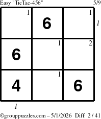 The grouppuzzles.com Easy TicTac-456 puzzle for Friday May 1, 2026, suitable for printing, with all 2 steps marked