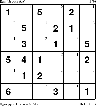 The grouppuzzles.com Easy Sudoku-6up puzzle for Friday May 1, 2026 with the first 3 steps marked