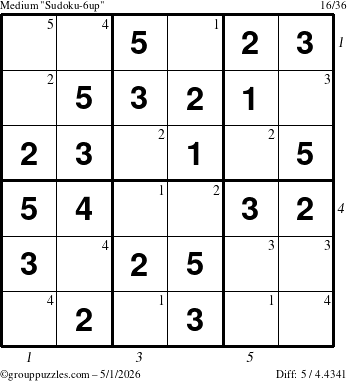 The grouppuzzles.com Medium Sudoku-6up puzzle for Friday May 1, 2026, suitable for printing, with all 5 steps marked