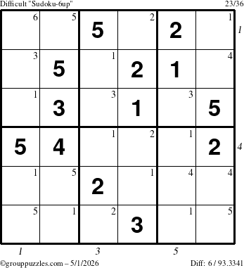 The grouppuzzles.com Difficult Sudoku-6up puzzle for Friday May 1, 2026 with all 6 steps marked