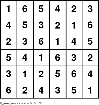 The grouppuzzles.com Answer grid for the Sudoku-6up puzzle for Friday May 1, 2026