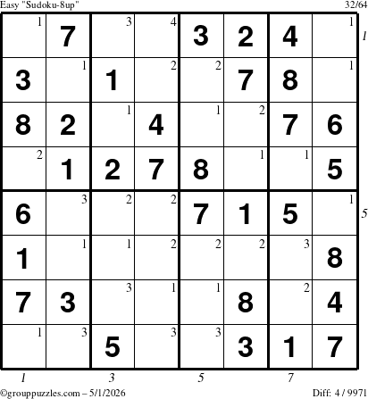 The grouppuzzles.com Easy Sudoku-8up puzzle for Friday May 1, 2026 with all 4 steps marked
