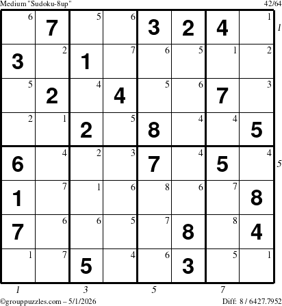 The grouppuzzles.com Medium Sudoku-8up puzzle for Friday May 1, 2026, suitable for printing, with all 8 steps marked