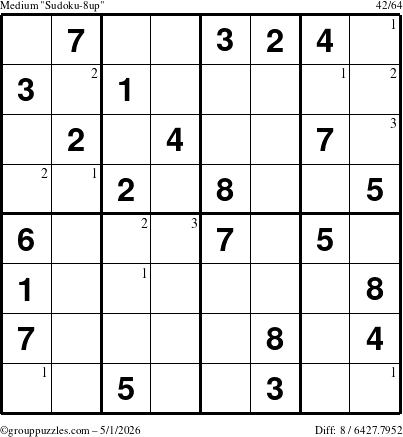 The grouppuzzles.com Medium Sudoku-8up puzzle for Friday May 1, 2026 with the first 3 steps marked