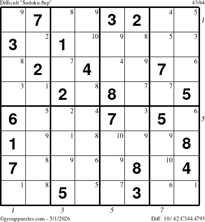 The grouppuzzles.com Difficult Sudoku-8up puzzle for Friday May 1, 2026, suitable for printing, with all 10 steps marked