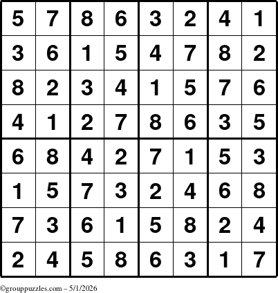 The grouppuzzles.com Answer grid for the Sudoku-8up puzzle for Friday May 1, 2026