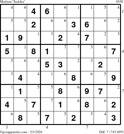 The grouppuzzles.com Medium Sudoku puzzle for Friday May 1, 2026 with all 7 steps marked