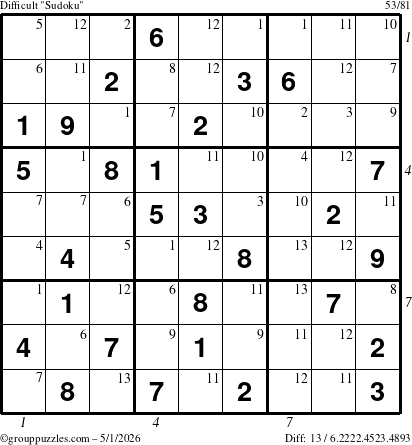 The grouppuzzles.com Difficult Sudoku puzzle for Friday May 1, 2026 with all 13 steps marked