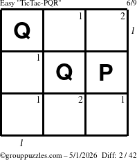The grouppuzzles.com Easy TicTac-PQR puzzle for Friday May 1, 2026 with all 2 steps marked