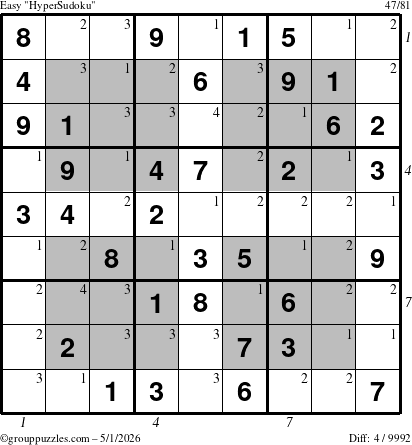 The grouppuzzles.com Easy HyperSudoku puzzle for Friday May 1, 2026 with all 4 steps marked