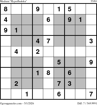 The grouppuzzles.com Medium HyperSudoku puzzle for Friday May 1, 2026