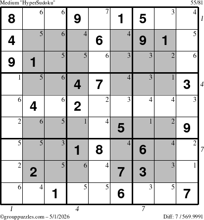 The grouppuzzles.com Medium HyperSudoku puzzle for Friday May 1, 2026, suitable for printing, with all 7 steps marked