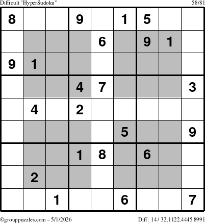 The grouppuzzles.com Difficult HyperSudoku puzzle for Friday May 1, 2026