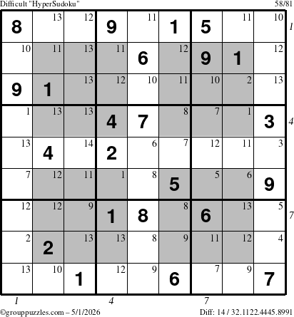 The grouppuzzles.com Difficult HyperSudoku puzzle for Friday May 1, 2026 with all 14 steps marked