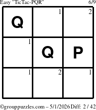 The grouppuzzles.com Easy TicTac-PQR puzzle for Friday May 1, 2026 with the first 2 steps marked