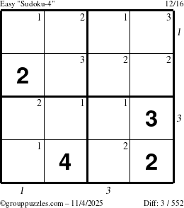 The grouppuzzles.com Easy Sudoku-4 puzzle for Tuesday November 4, 2025 with all 3 steps marked