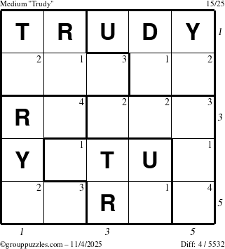 The grouppuzzles.com Medium Trudy puzzle for Tuesday November 4, 2025, suitable for printing, with all 4 steps marked
