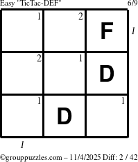 The grouppuzzles.com Easy TicTac-DEF puzzle for Tuesday November 4, 2025, suitable for printing, with all 2 steps marked