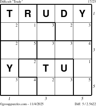The grouppuzzles.com Difficult Trudy puzzle for Tuesday November 4, 2025, suitable for printing, with all 5 steps marked