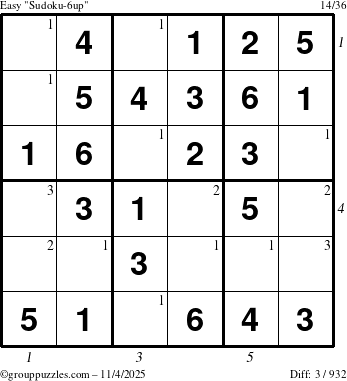 The grouppuzzles.com Easy Sudoku-6up puzzle for Tuesday November 4, 2025 with all 3 steps marked