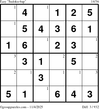 The grouppuzzles.com Easy Sudoku-6up puzzle for Tuesday November 4, 2025 with the first 3 steps marked