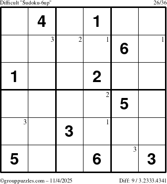 The grouppuzzles.com Difficult Sudoku-6up puzzle for Tuesday November 4, 2025 with the first 3 steps marked