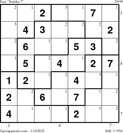 The grouppuzzles.com Easy Sudoku-7 puzzle for Tuesday November 4, 2025, suitable for printing, with all 3 steps marked