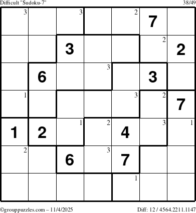 The grouppuzzles.com Difficult Sudoku-7 puzzle for Tuesday November 4, 2025 with the first 3 steps marked