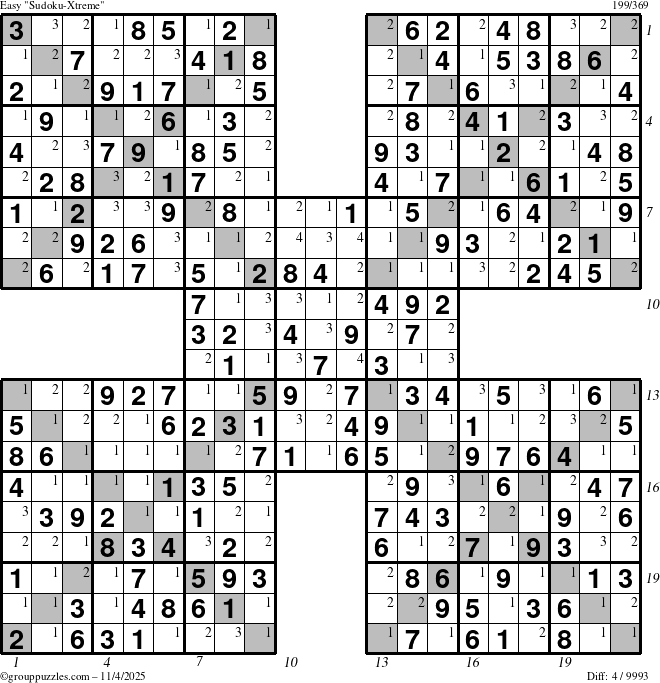 The grouppuzzles.com Easy Sudoku-Xtreme puzzle for Tuesday November 4, 2025 with all 4 steps marked