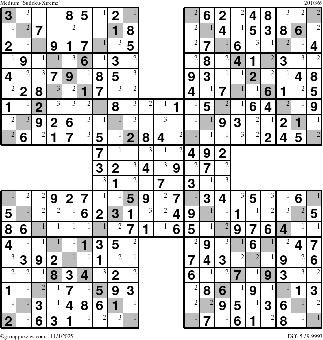 The grouppuzzles.com Medium Sudoku-Xtreme puzzle for Tuesday November 4, 2025 with the first 3 steps marked