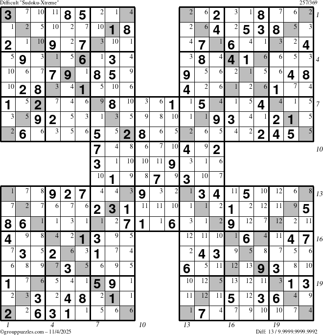 The grouppuzzles.com Difficult Sudoku-Xtreme puzzle for Tuesday November 4, 2025, suitable for printing, with all 13 steps marked