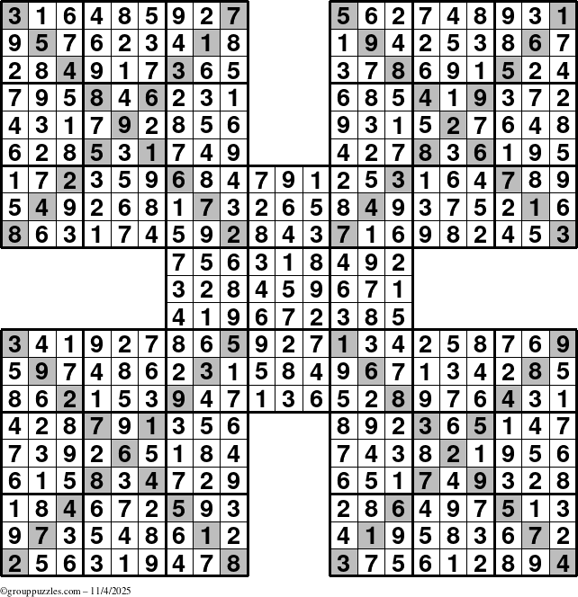 The grouppuzzles.com Answer grid for the Sudoku-Xtreme puzzle for Tuesday November 4, 2025