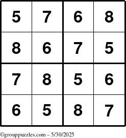 The grouppuzzles.com Answer grid for the Sudoku-4-5678 puzzle for Friday May 30, 2025