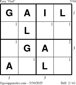 The grouppuzzles.com Easy Gail puzzle for Friday May 30, 2025, suitable for printing, with all 2 steps marked