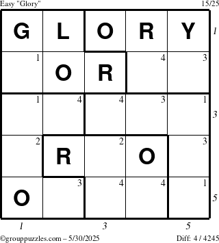 The grouppuzzles.com Easy Glory puzzle for Friday May 30, 2025 with all 4 steps marked